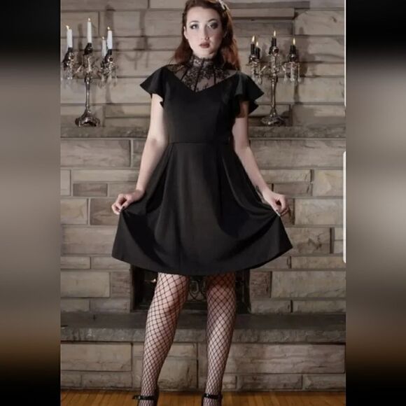 NWT Scarlet Darkness  Gothic Flutter Sleeve Lace Neck A-Line Dress Sz-22W - Picture 7 of 12